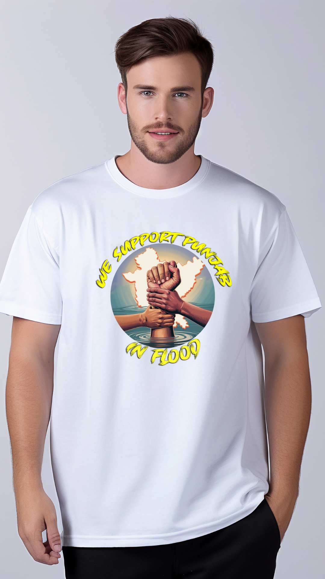 We Support Punjab (Curved) - Both side Printed Unisex Standard Crew T-Shirt ( Rs.40 per T-shirt will go for Punjab flood disaster Relief Fund)